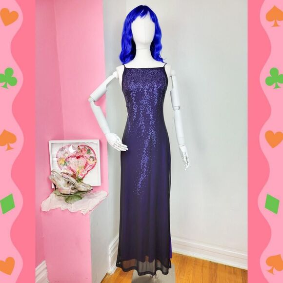 Vintage 90s Dark Purple Glitter Floral Open Back Maxi Dress / Gown - Picture 1 of 7